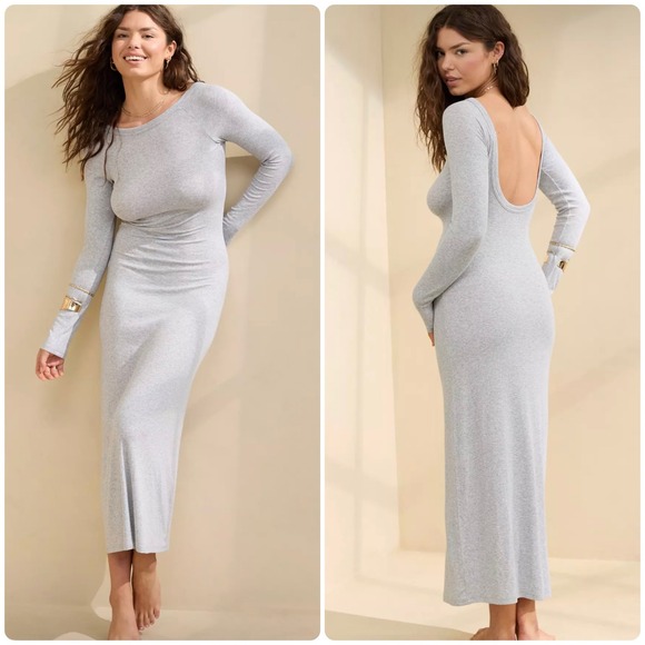 aerie Dresses & Skirts - Aerie Womens Grey Ribbed Long Sleeve Low Back Bodycon Lounge Maxi Dress Size M